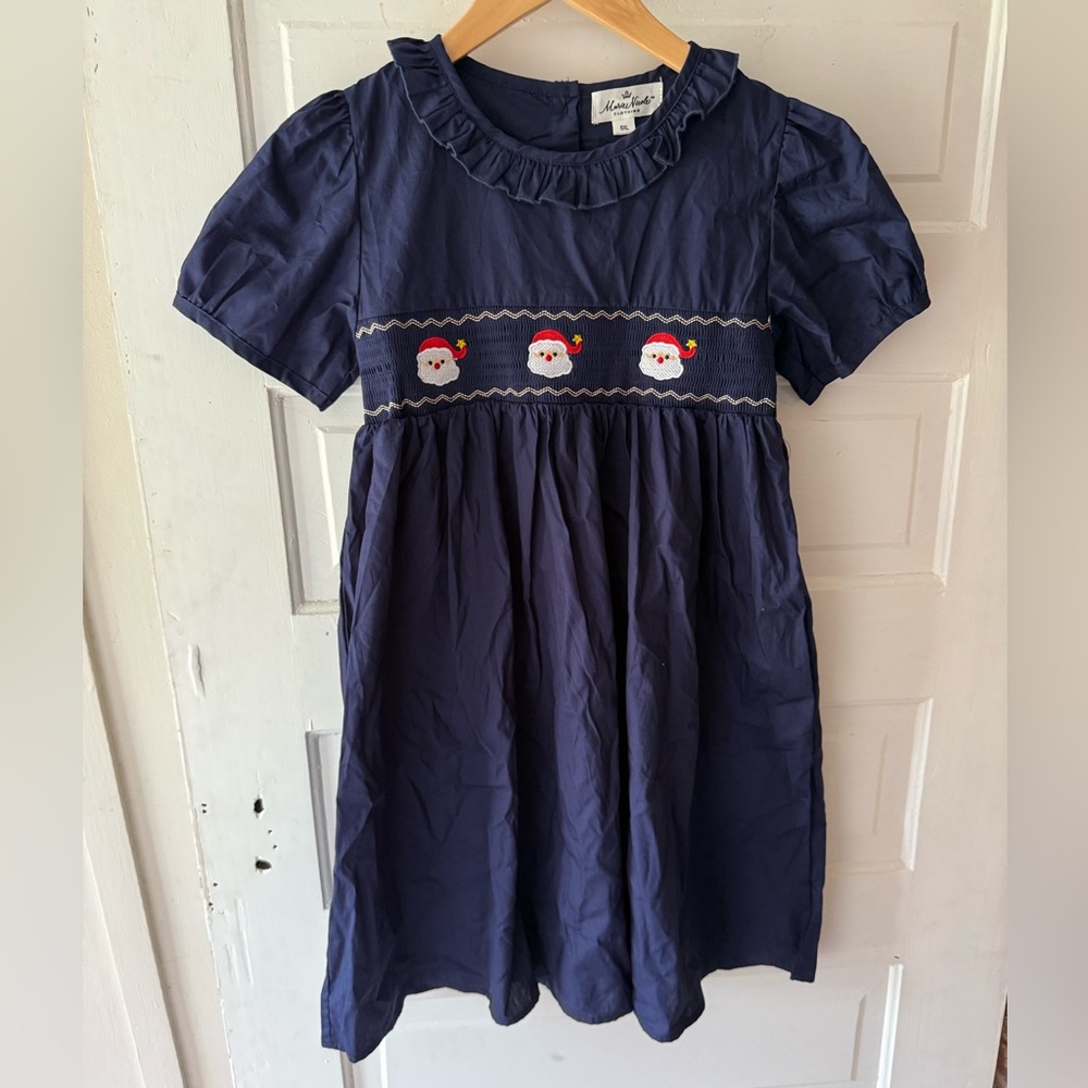 Festive Navy Kids Dress with Santa Design